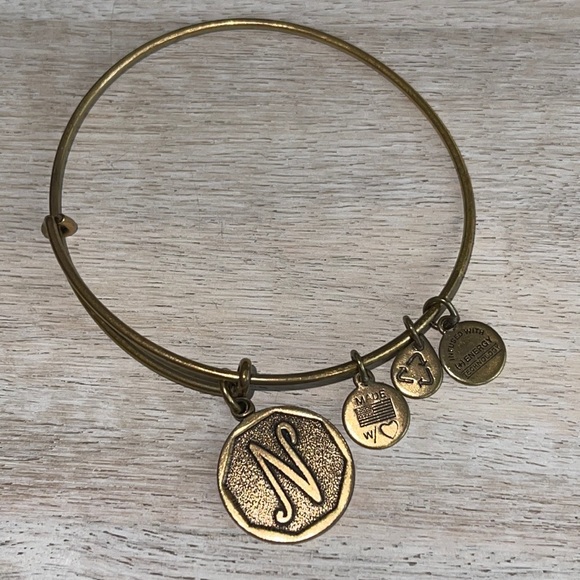 Alex & Ani Antique Goldtone N Initial Bangle Charm Bracelet - Picture 3 of 4